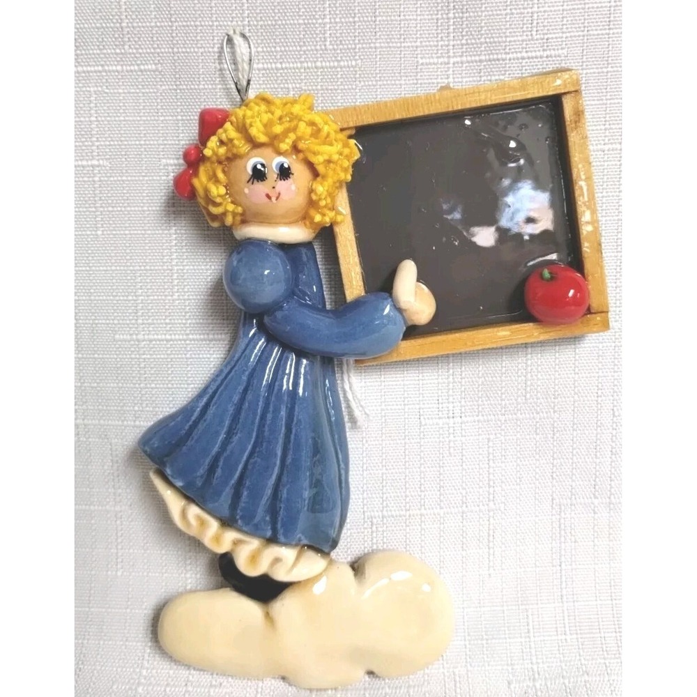 Curly Hair Teacher Chalk Board & Apple Gift Ornament Handmade Polymer Clay 5"